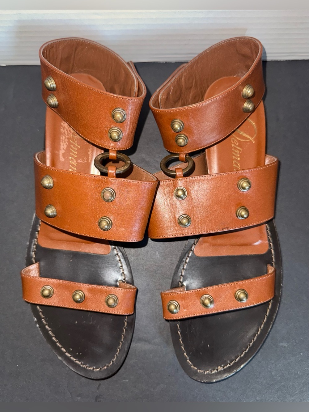 DELMAN Marla Brown Studded Leather Ankle Cuff Strap Gladiator Sandal 6.5 B ITALY